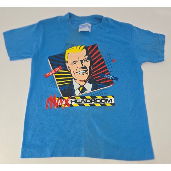 Vintage Max Headroom Youth T-Shirt Size 7 Blue Single Stitch 1987 Tune-In Video - Picture 1 of 9